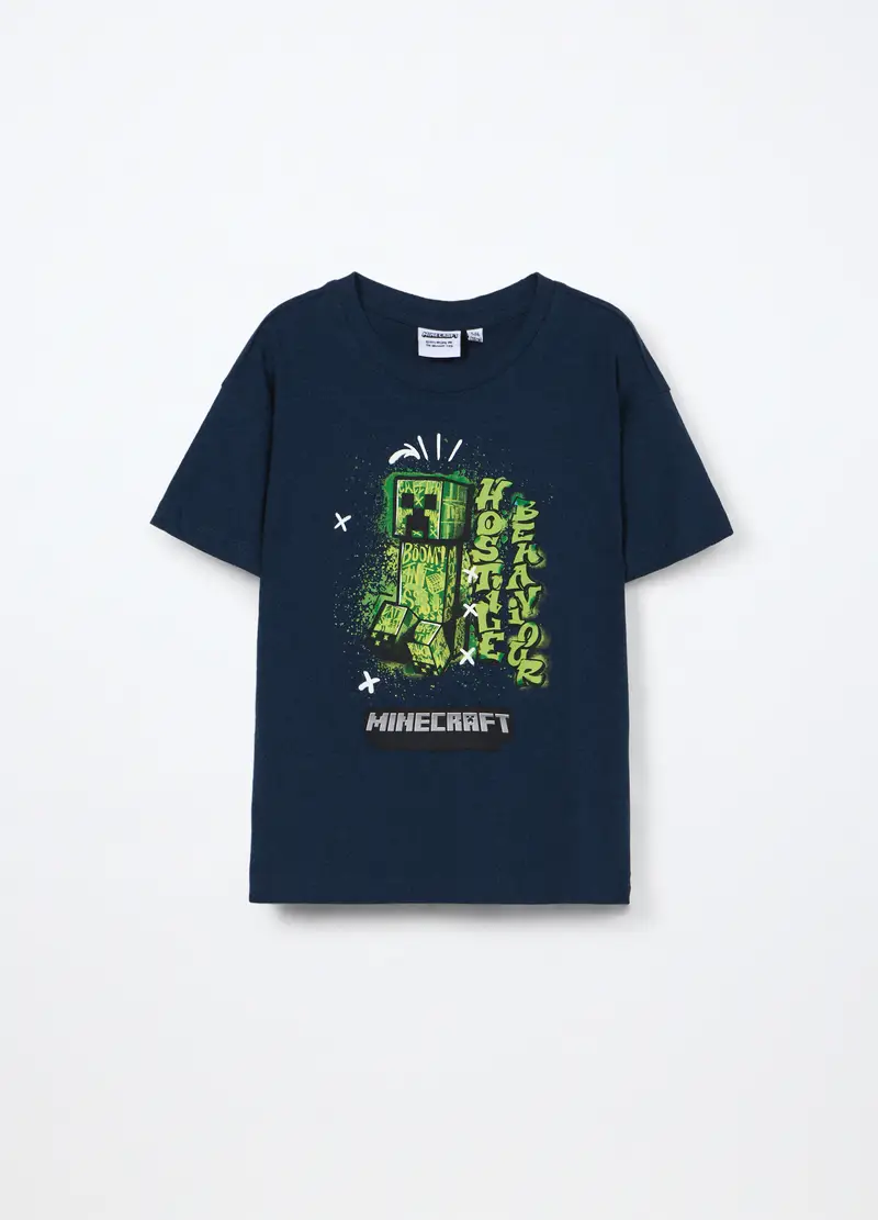 T-shirt Minecraft In Jersey Di Puro Cotone Bambino, Blu scuro