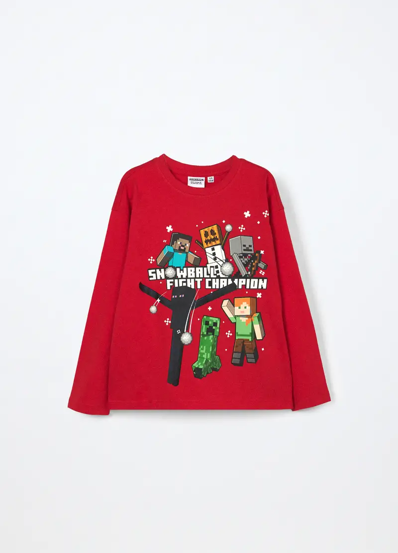 T-shirt Minecraft In Jersey Di Puro Cotone Bambino, Rosso aragosta