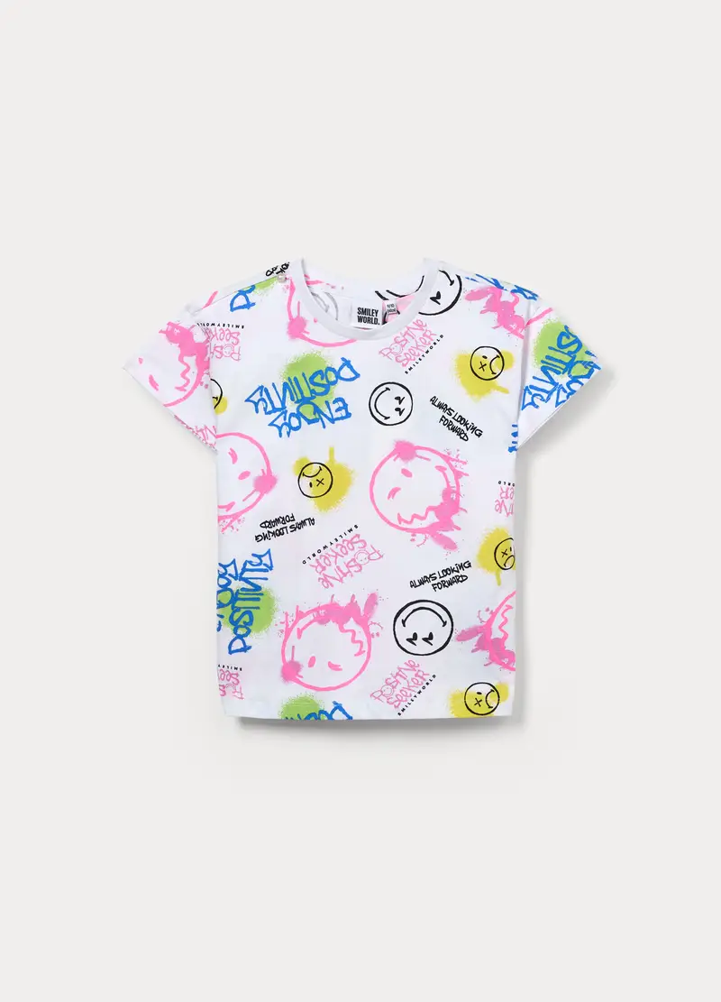 T-shirt Smiley World In Jersey Di Puro Cotone Ragazza, Bambina, Bianco