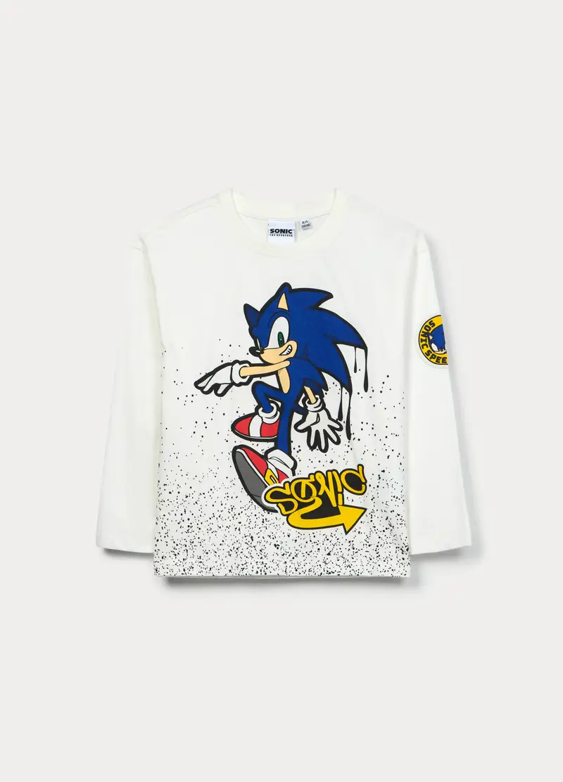 T-shirt Sonic In Jersey Di Puro Cotone Bambino, Bianco