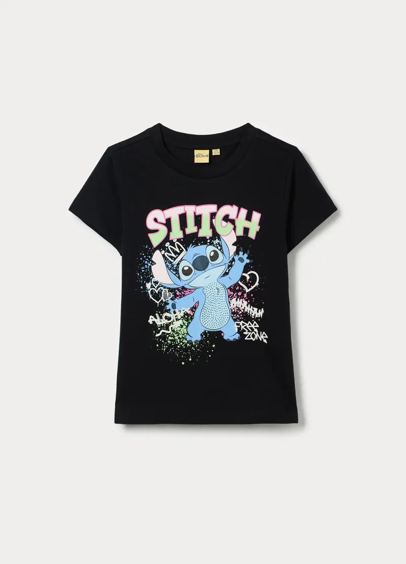 T-shirt Stitch In Jersey Di Puro Cotone Ragazza, Bambina, Nero