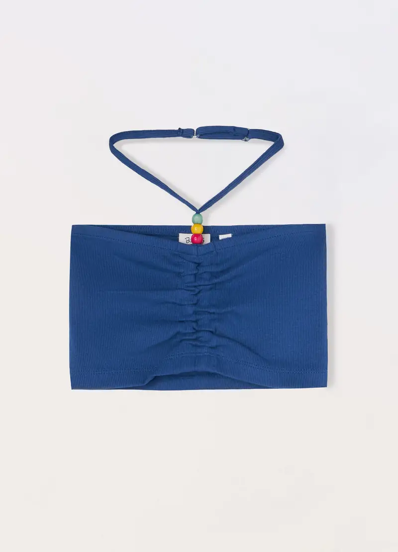 Top A Fascia In Costina Di Cotone Stretch Ragazza, Bambina, Blu Bluette