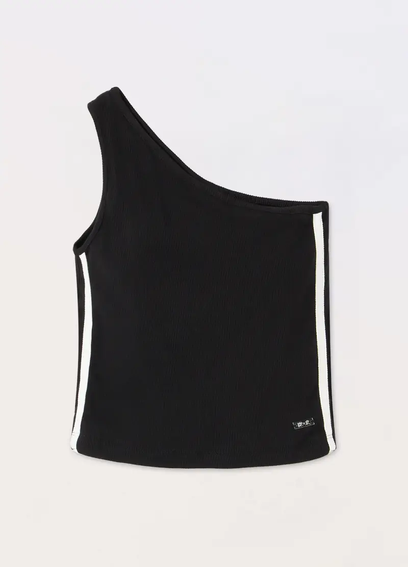 Top In Costina Di Cotone Stretch Ragazza, Bambina, Nero/Bianco