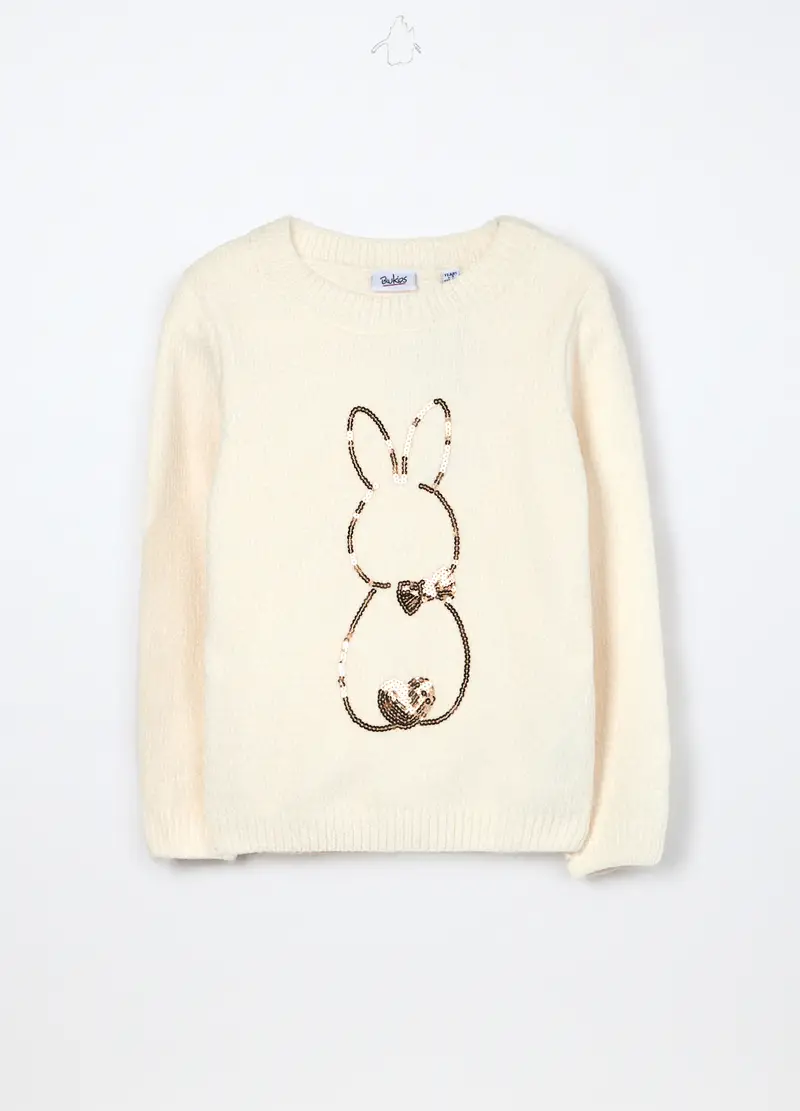 Tricot In Ciniglia Con Paillettes Bambina, Bianco panna