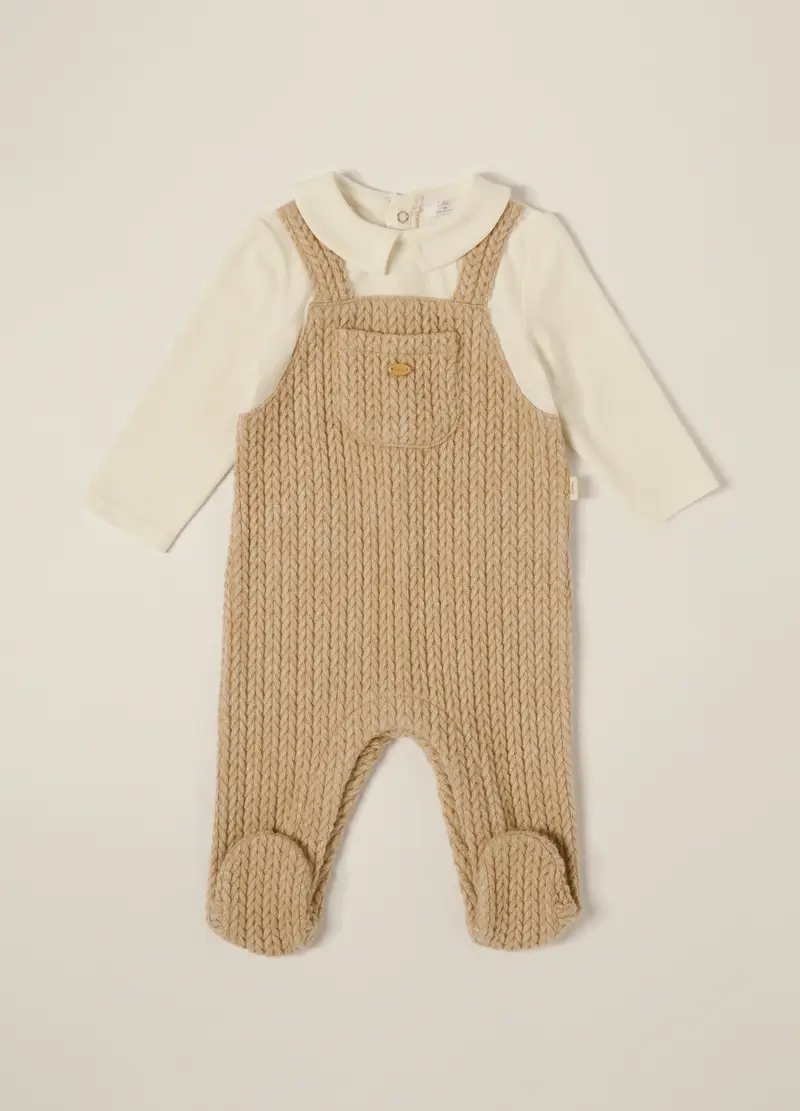 Tutina Beige Con Colletto Classico Per Neonato, Bianco/Beige