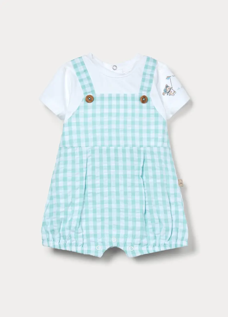 Tutina Corta In Puro Cotone Seersucker Neonato, Azzurro chiaro