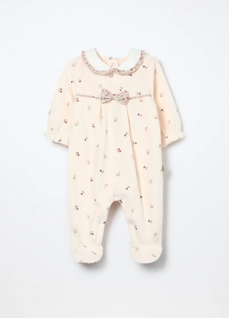 Tutina In Misto Cotone Velour Neonata, Bianco avorio