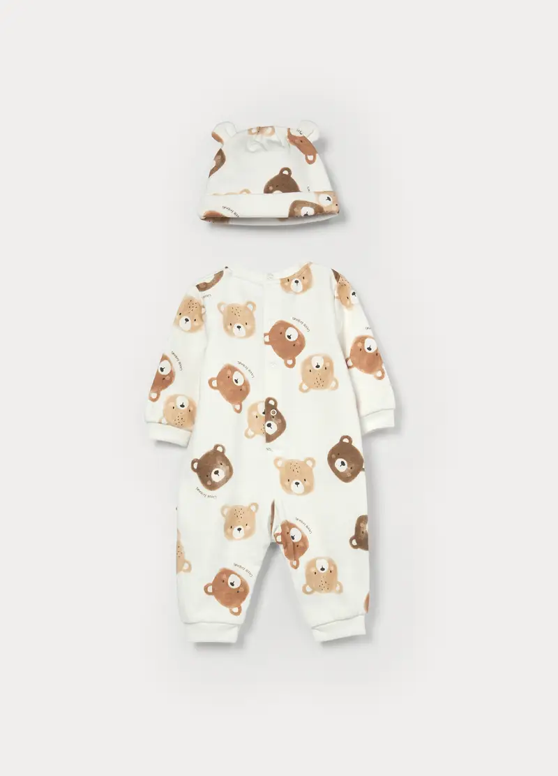 Tutina In Puro Cotone Fleece + Berretto, Unisex, Bianco miniatura 2