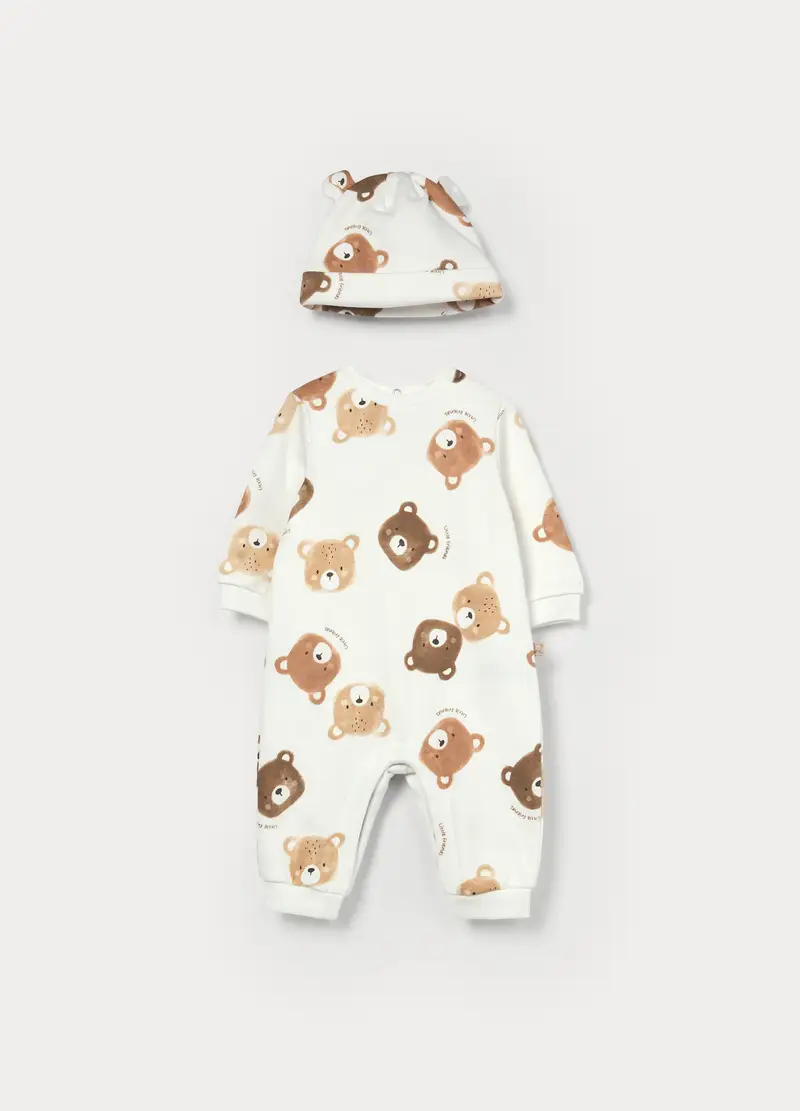 Tutina In Puro Cotone Fleece + Berretto, Unisex, Bianco