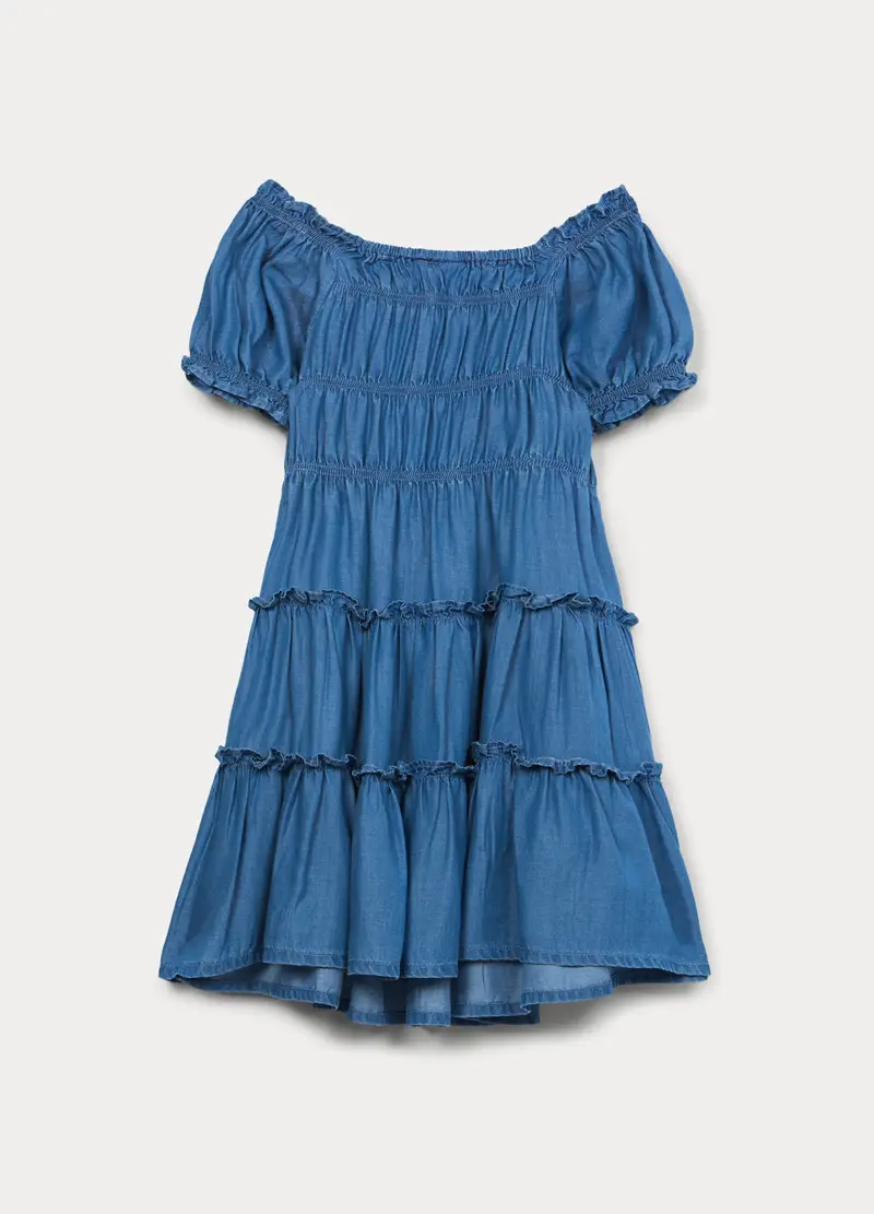 Vestito A Balze In Pura Lyocell Bambina, Blu Bluette miniatura 2