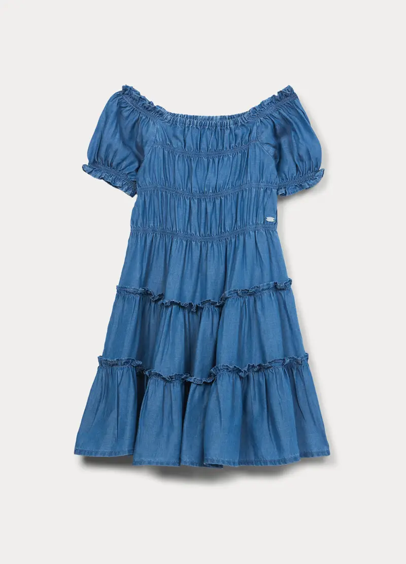 Vestito A Balze In Pura Lyocell Bambina, Blu Bluette