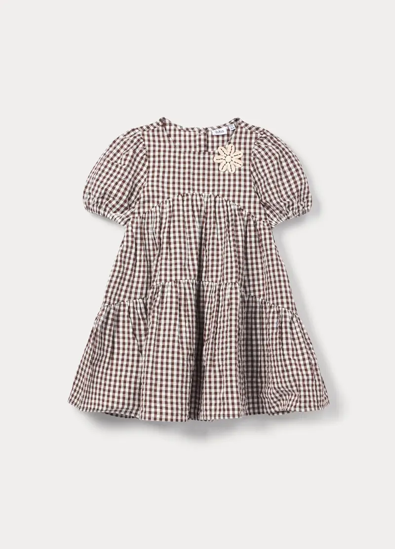 Vestito A Balze In Puro Cotone Seersucker Bambina, Marrone cioccolato