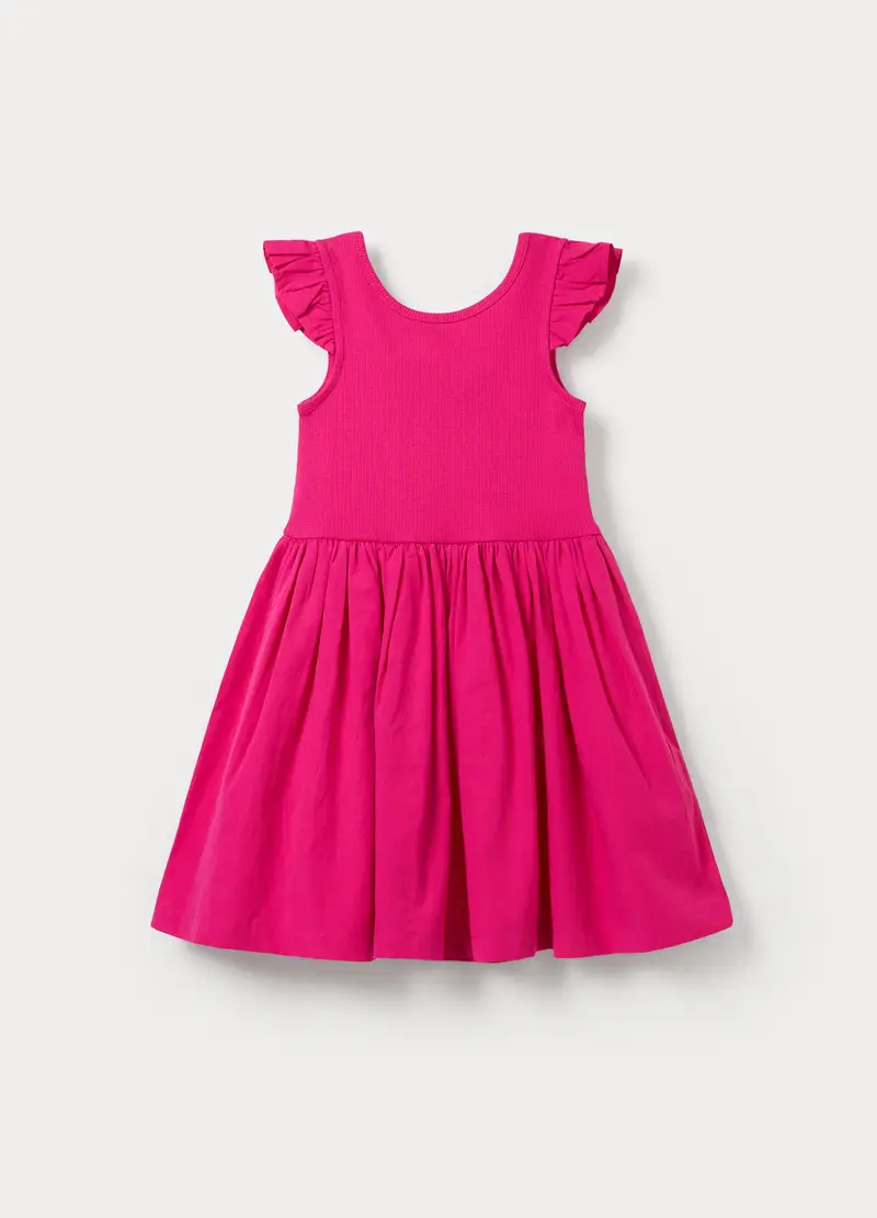 Vestito In Costina Di Cotone Stretch Bambina, Rosa fuxia
