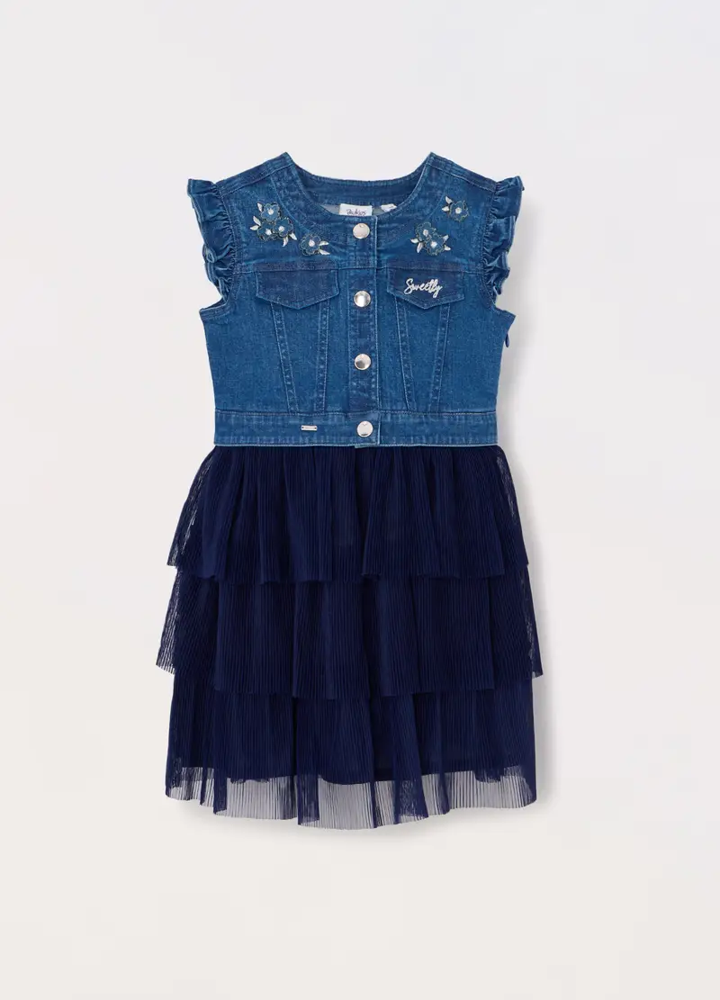 Blukids, Vestito In Denim E Plissé Bambina, Blu denim, Taglia: 3-4