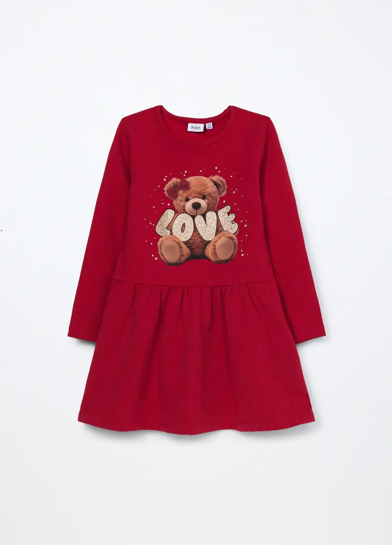Vestito In French Terry Di Cotone Stretch Bambina, Rosso aragosta