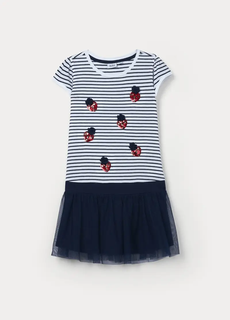 Vestito In Jersey Di Cotone Stretch Bambina, Bianco/Blu