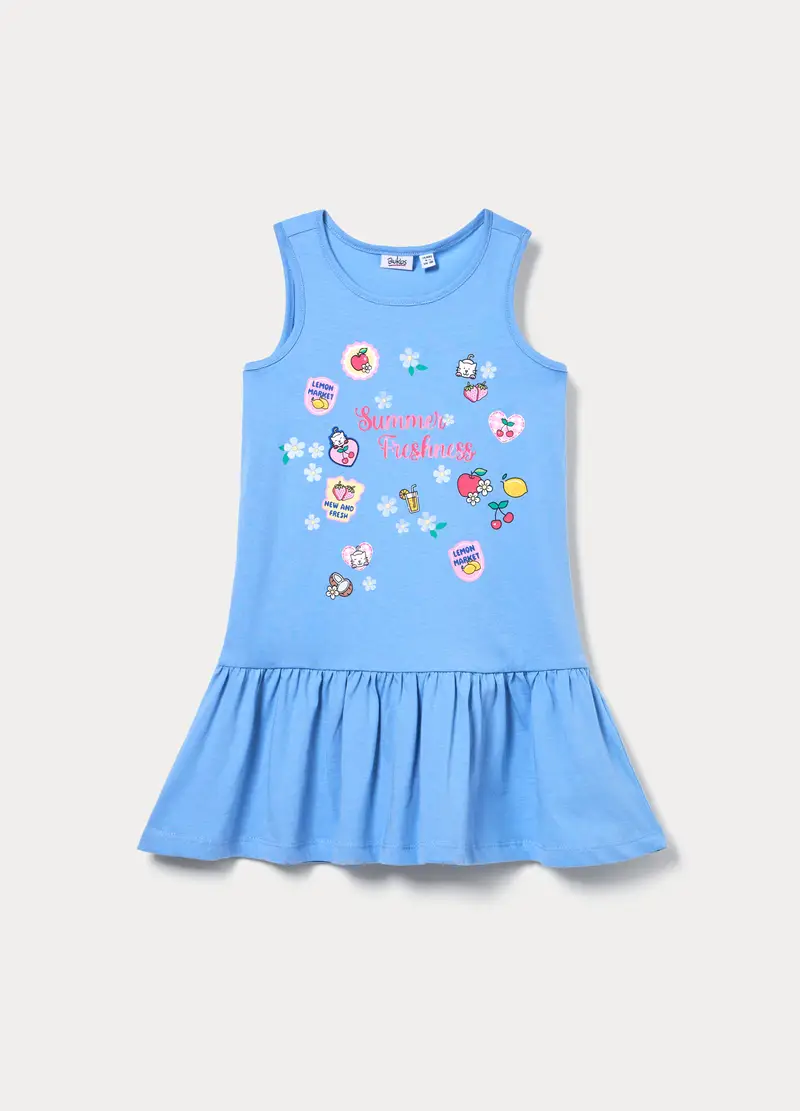 Vestito In Jersey Di Puro Cotone Bambina, Azzurro cielo