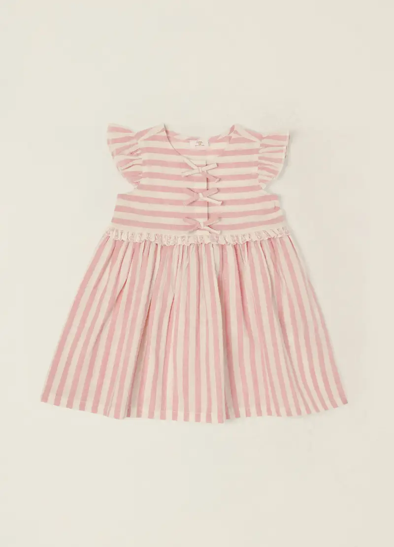 Blukids Vestito Misto Lino A Righe Iana, Neonata, Bianco/Rosa