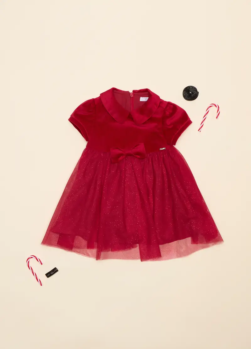 Vestito Velour Con Tulle, Neonata, Rosso aragosta