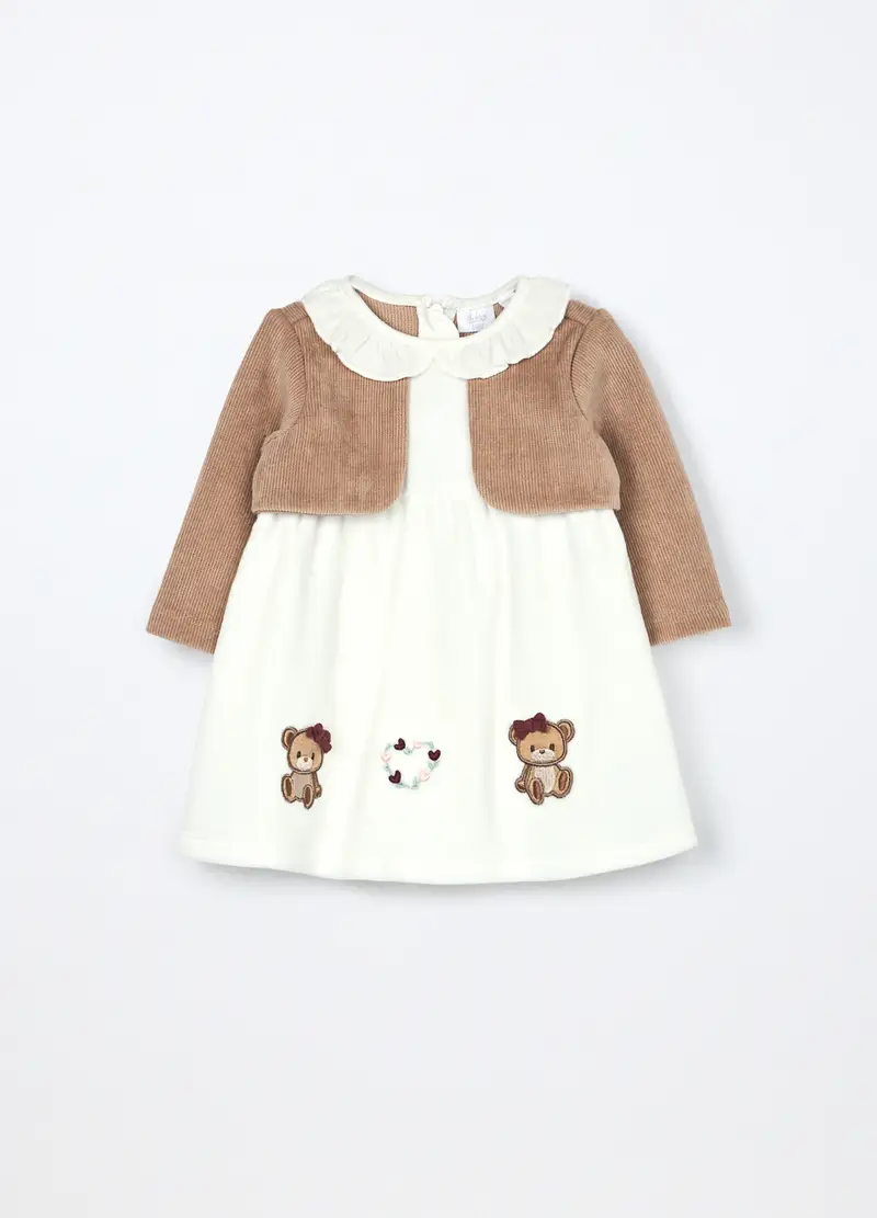 Vestito Velour Misto Cotone Neonata, Bianco/Marrone