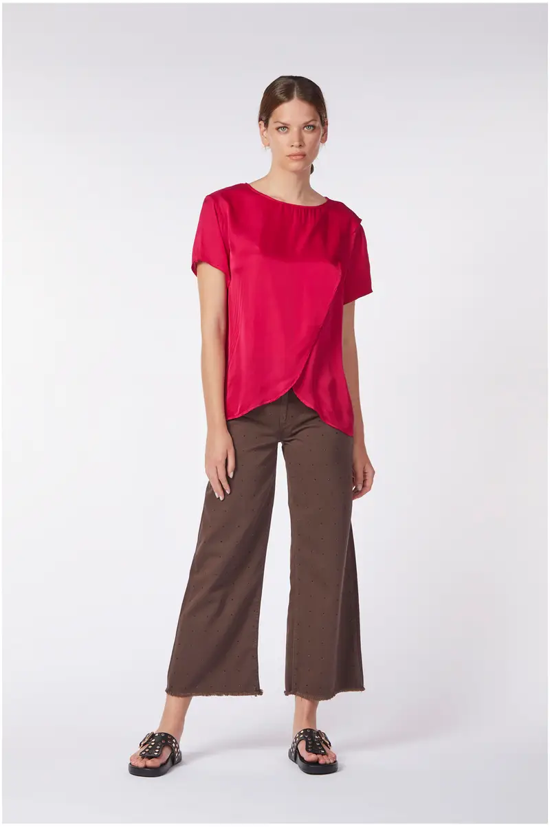 blusa a maniche corte in lino e viscosa con incrocio portafoglio ciclamino