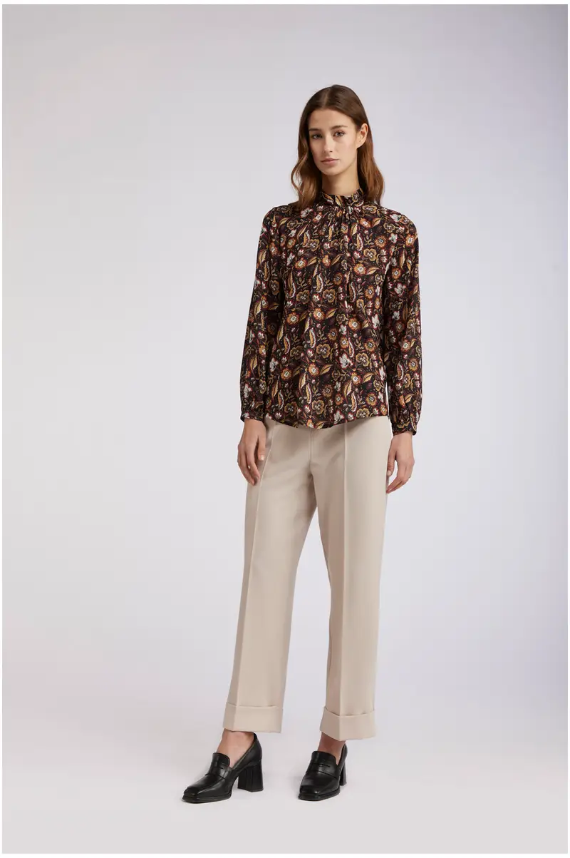 blusa con collo arricciato georgette stampata fiore multinero