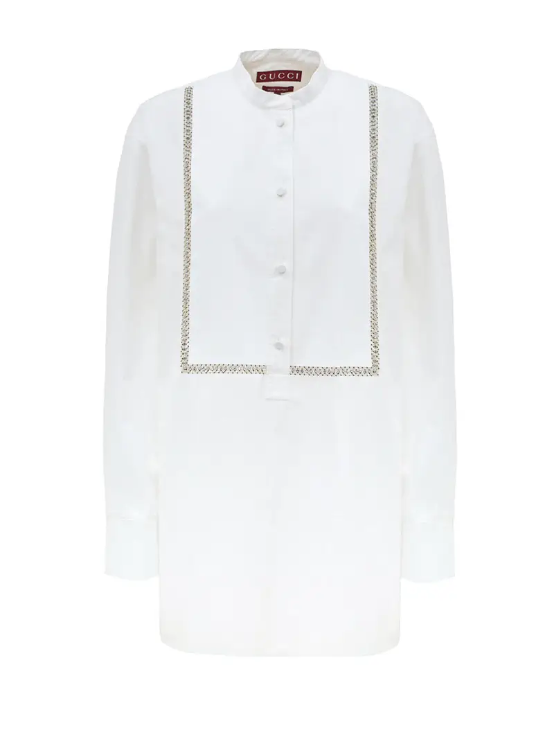Blusa in Popeline di Cotone Bianco con Decorazioni in Cristalli Gucci