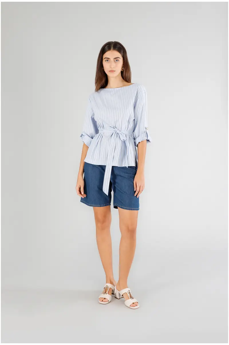 blusa rigata con fusciacca rigato celeste l