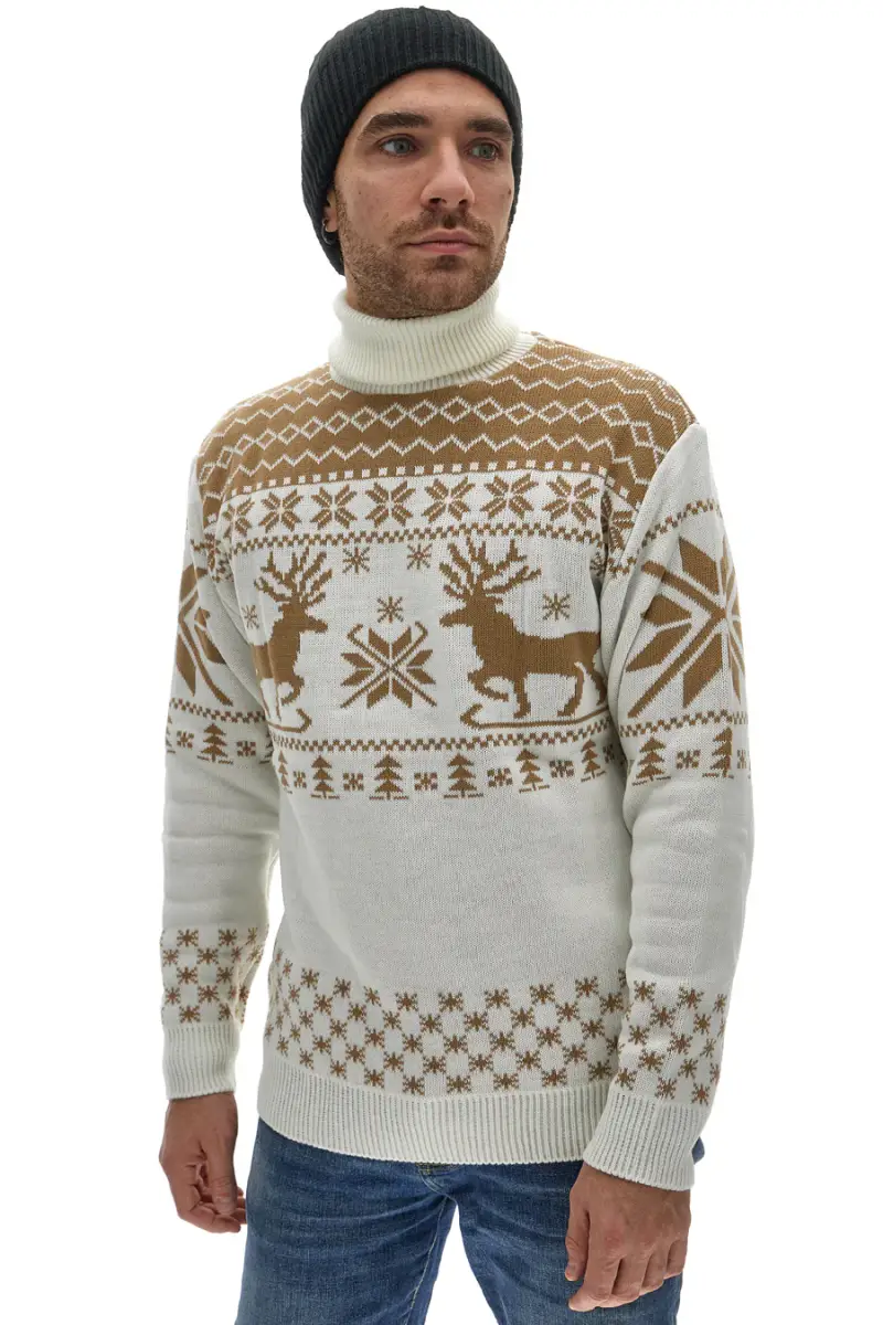 Maglione Bianco a Collo Alto Girocollo con Fantasia Natalizia Dorata BAORDMAN X24105 [PANNA] miniatura 3