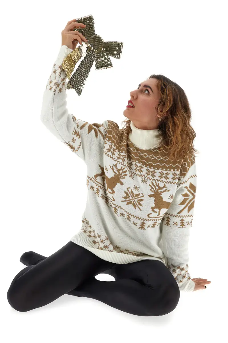 Maglione Bianco a Collo Alto Girocollo con Fantasia Natalizia Dorata BAORDMAN X24105 [PANNA]