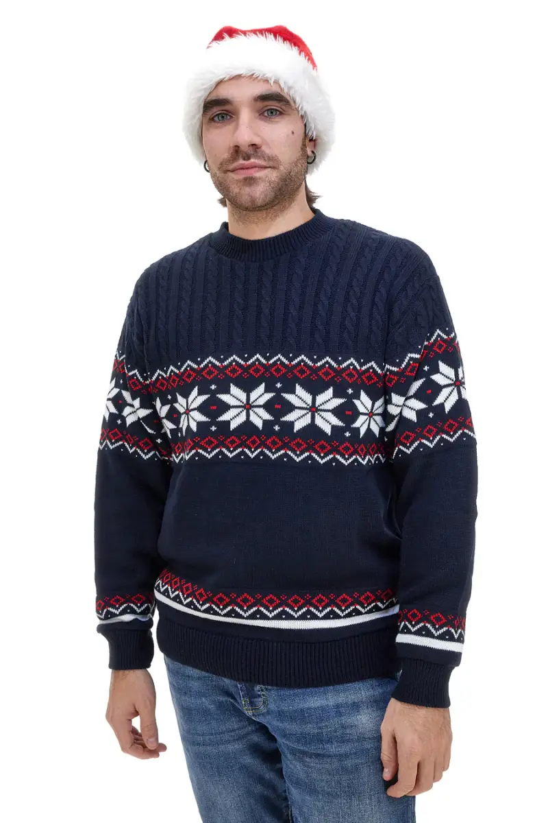 Maglione Blu Girocollo con Fantasia Natalizia Rossa e Bianca BOARDMAN X24101 [BLUE]