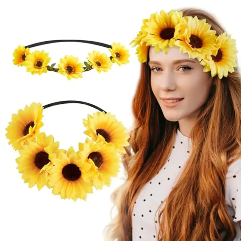BOFUNX 2pcs Fascia Girasole Fascia per Capelli di Girasole Fascia con Fiori di Girasole Cerchietti per Capelli di