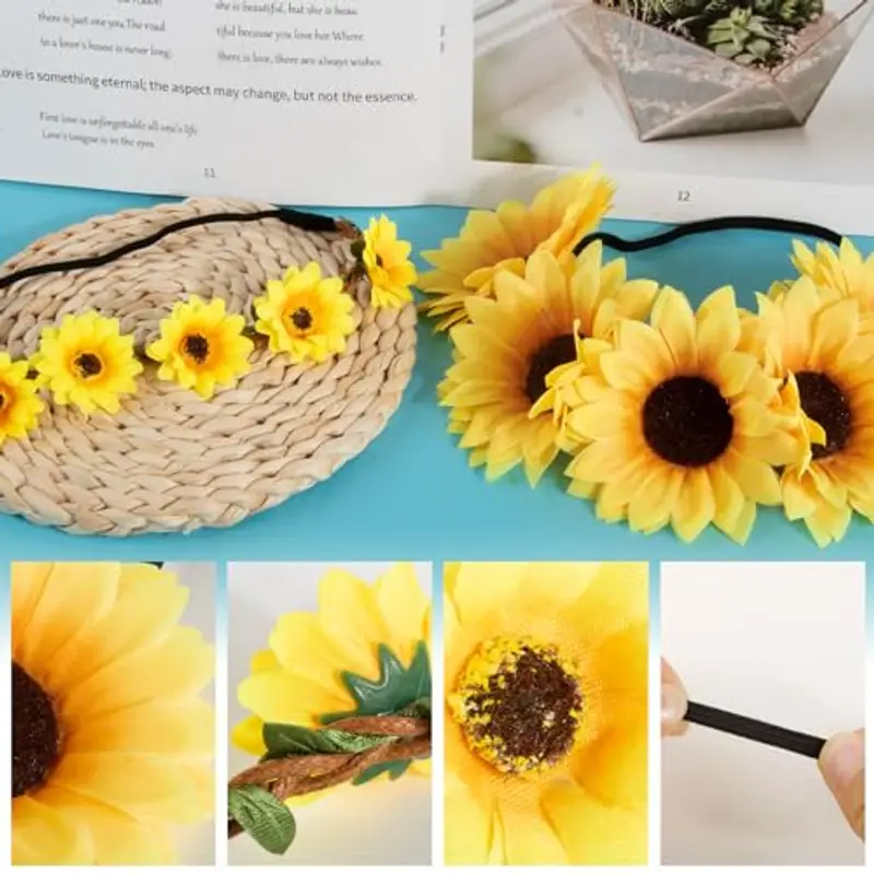 BOFUNX 2pcs Fascia Girasole Fascia per Capelli di Girasole Fascia con Fiori di Girasole Cerchietti per Capelli di miniatura 3