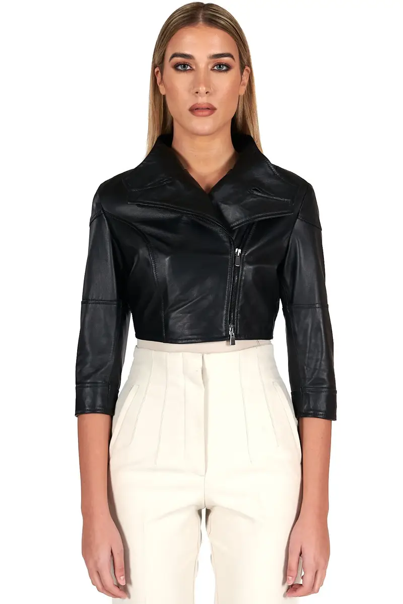 Bolero in pelle nera nappa effetto liscio D'Arienzo, Seleziona Taglia S, Colore Nero