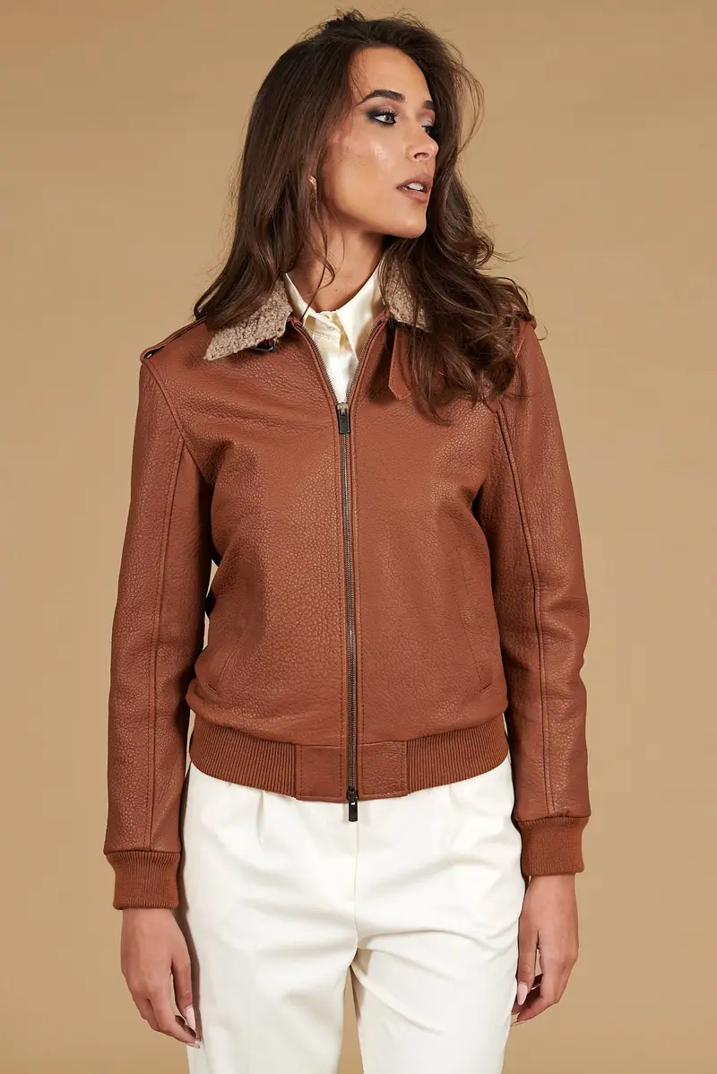 Bomber aviator in pelle raggrinziata color cuoio D'Arienzo, Seleziona Taglia XS, Colore Cuoio