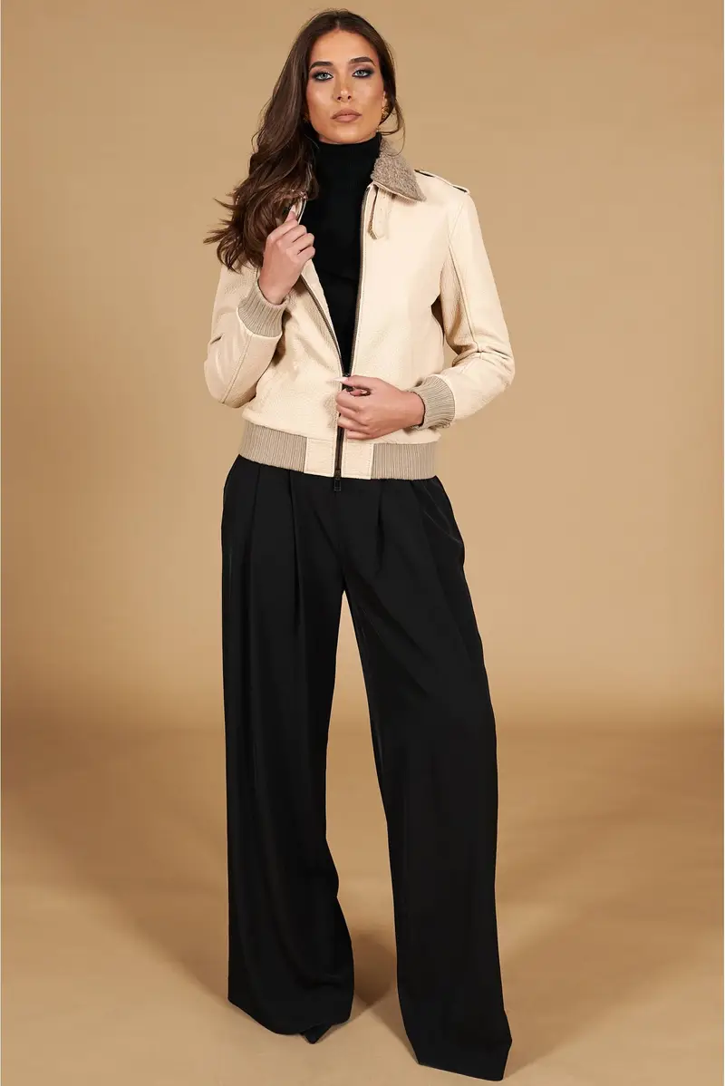 Bomber aviator in pelle raggrinzita color crema collo montone D'Arienzo, Seleziona Taglia S, Colore Crema