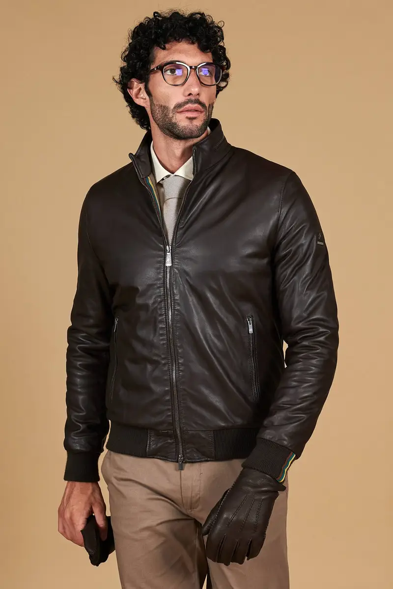 Bomber imbottito in pelle nappa marrone collo coreana con cerniera D'Arienzo, Seleziona Taglia 44, Colore Marrone