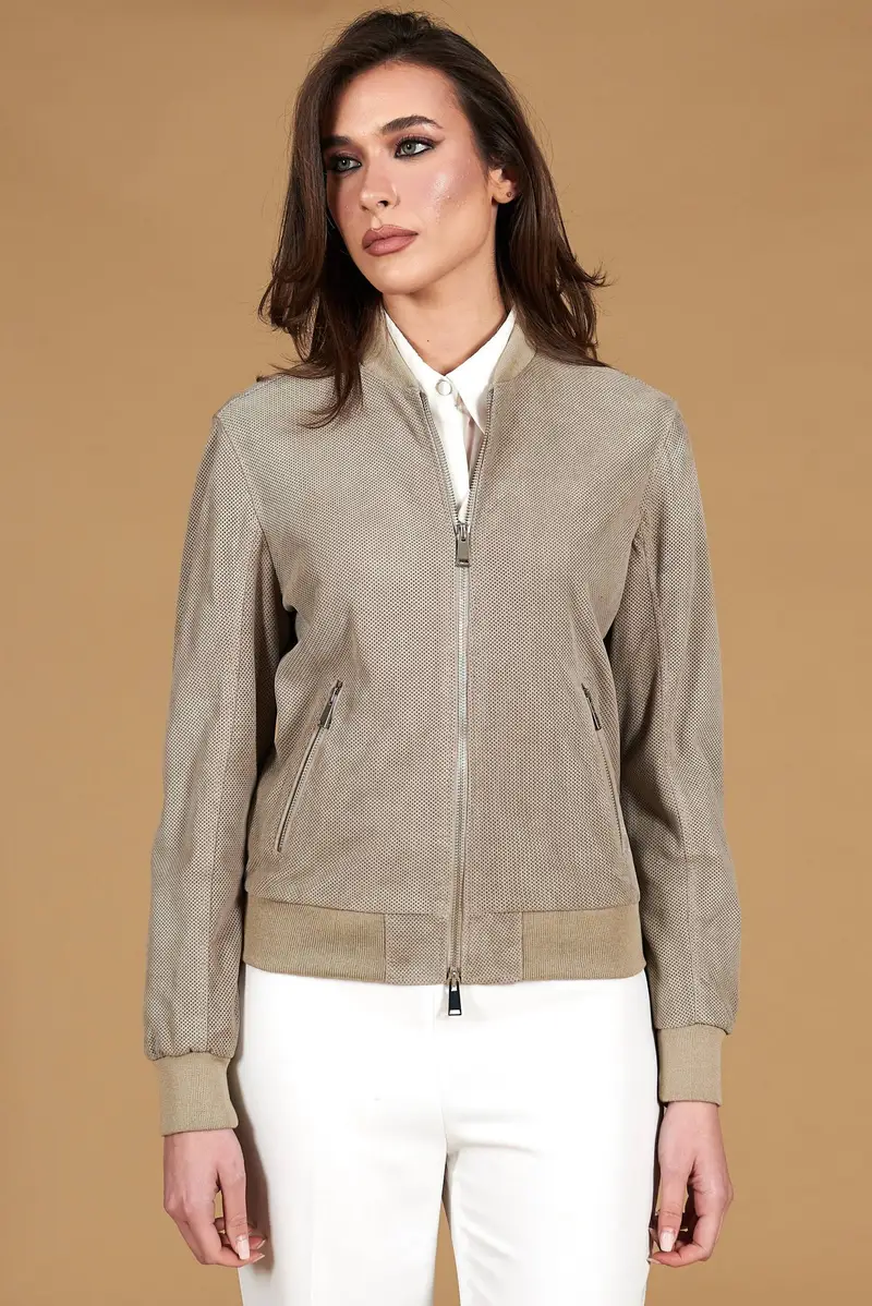 Bomber in pelle camoscio traforato grigio colletto pistagna D'Arienzo, Seleziona Taglia S, Colore Grigio