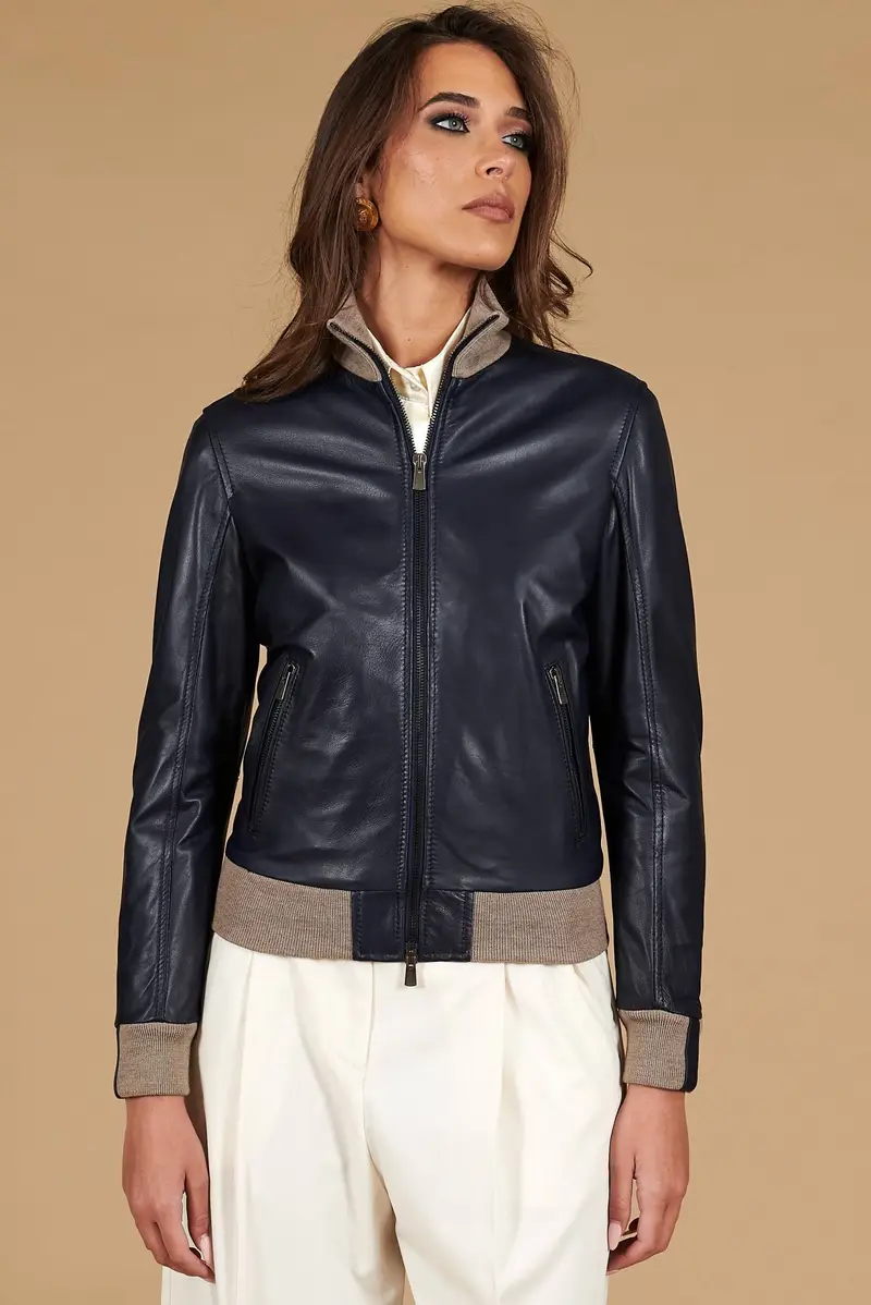 Bomber in pelle naturale blu collo in lana merino D'Arienzo, Seleziona Taglia XXS, Colore Blu