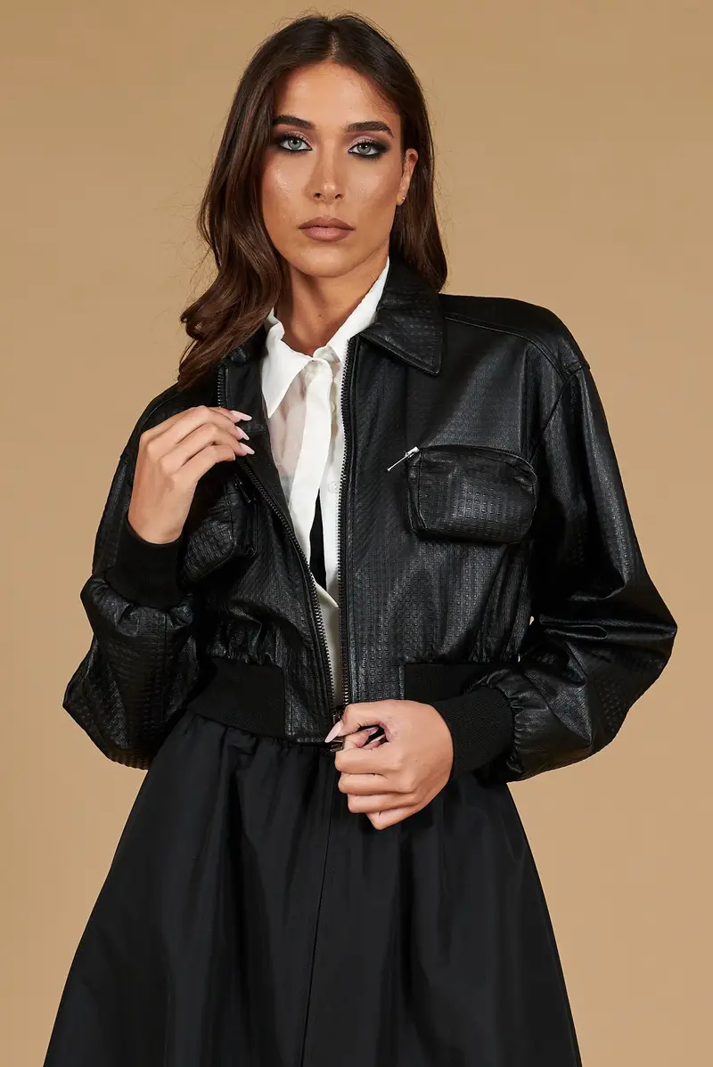 Bomber in pelle nera goffrata versione corta D'Arienzo, Seleziona Taglia Unica, Colore Nero