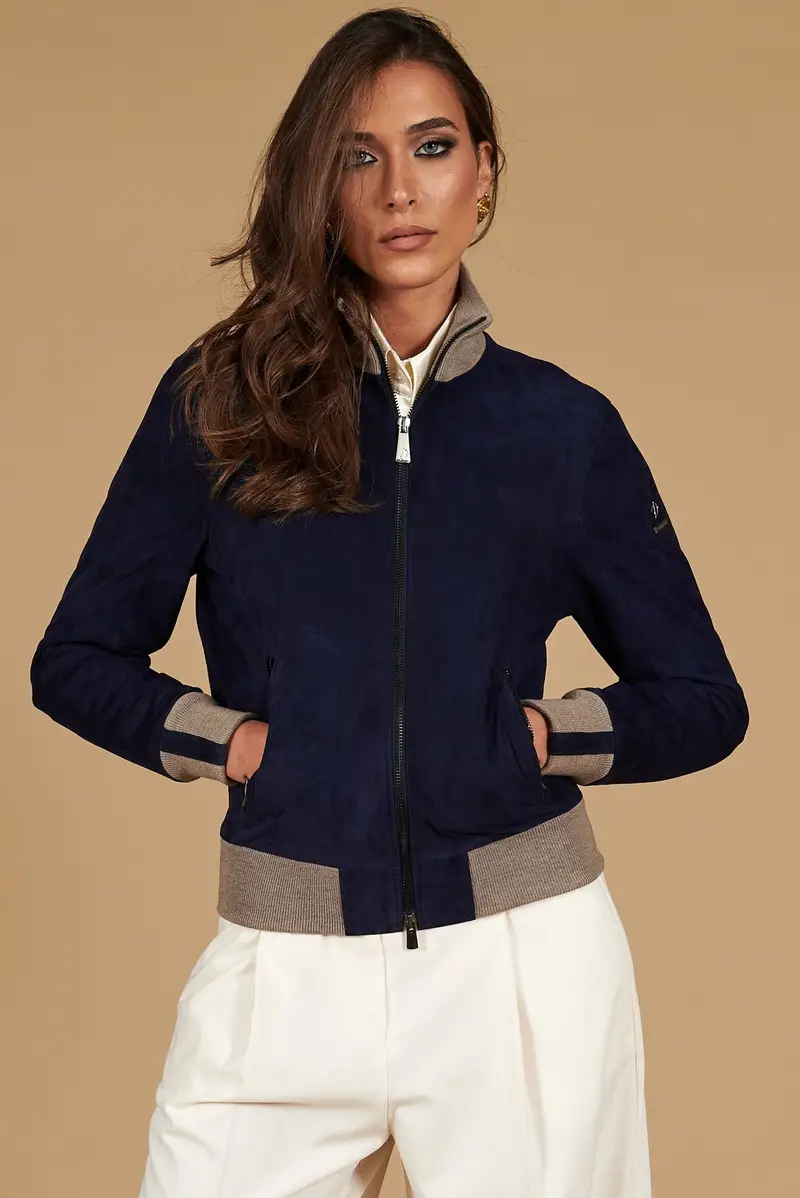 Bomber in pelle scamosciata blu collo in lana merino D'Arienzo, Seleziona Taglia XS, Colore Blu