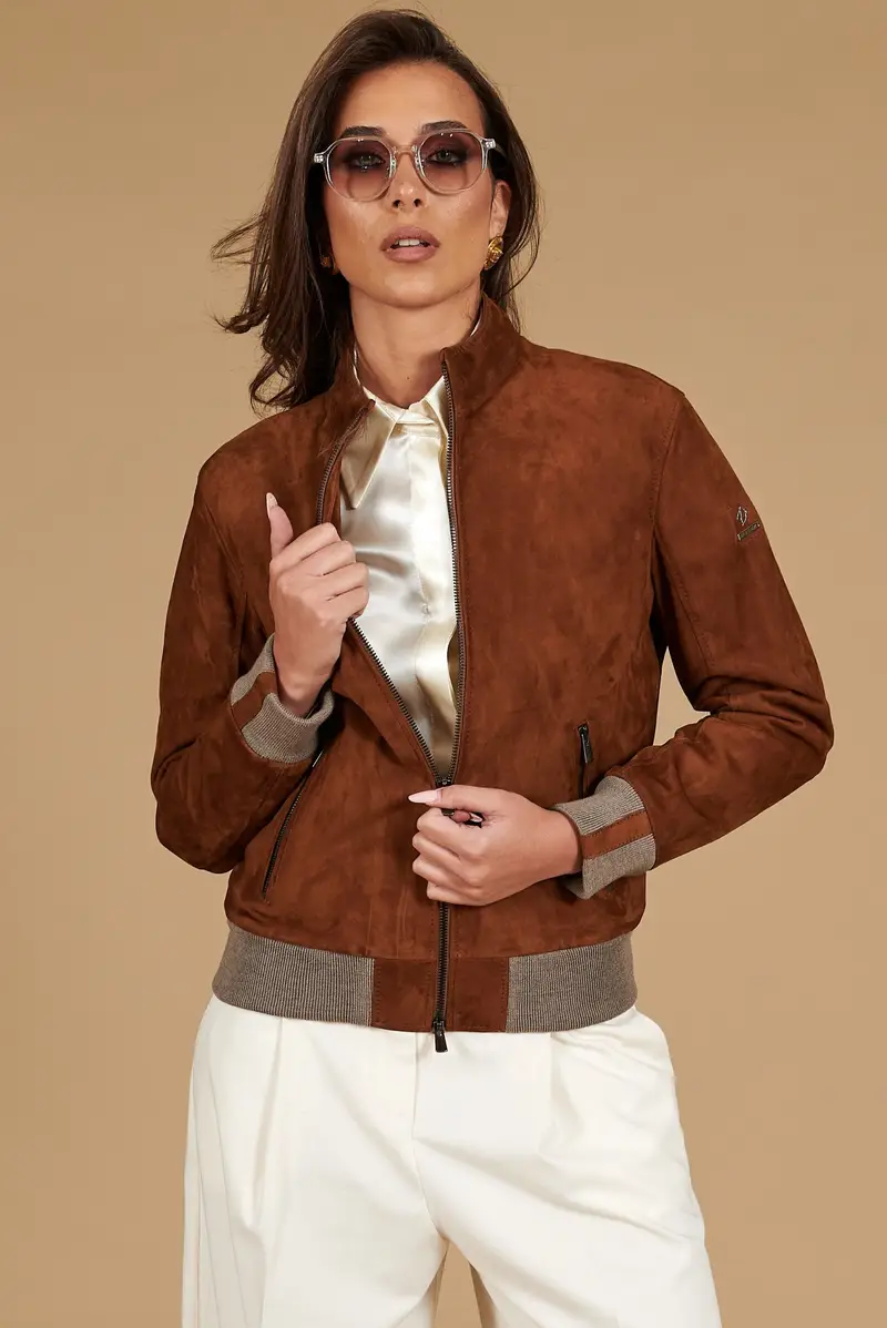 Bomber in pelle scamosciata cuoio e lana merinos D'Arienzo, Seleziona Taglia M, Colore Cuoio