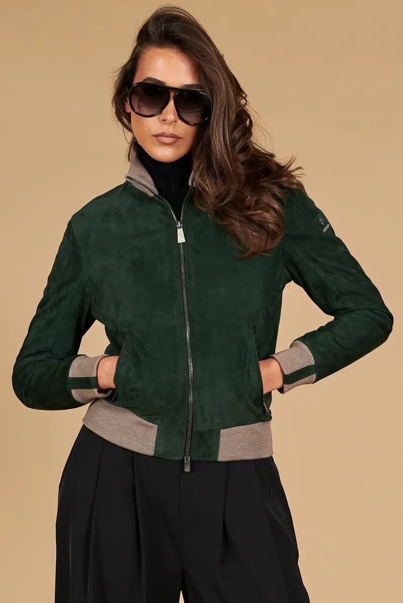 Bomber in pelle scamosciata verde collo in lana merino D'Arienzo, Seleziona Taglia S, Colore Verde