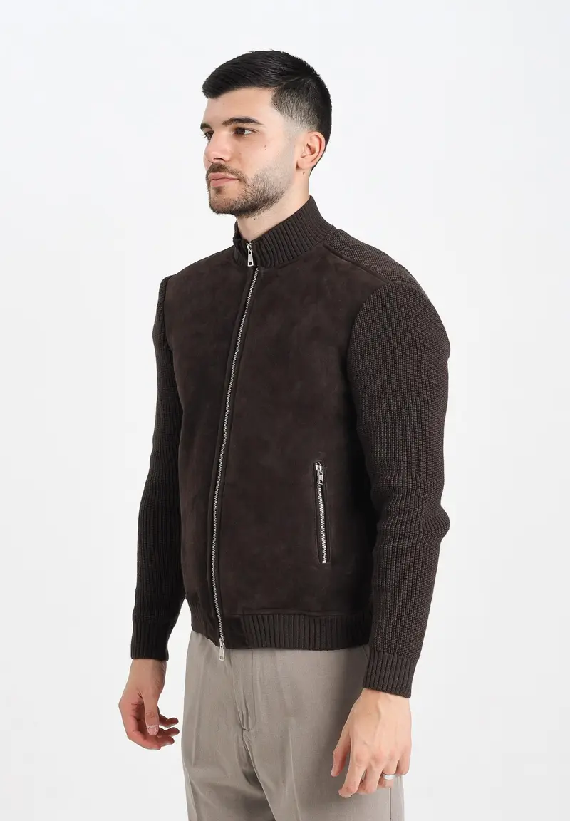 Giubbotto in pelle e maglia Komb marrone da uomo