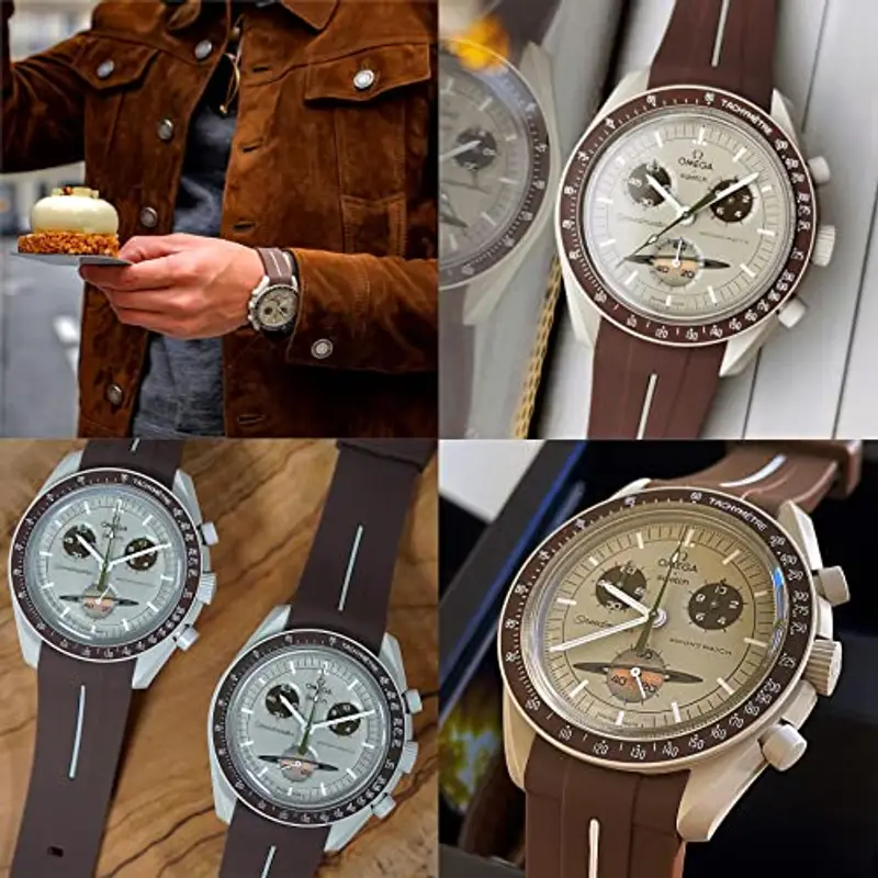 BONACE Cinturino in silicone senza spazi per Omega x Swatch MoonSwatch, cinturino di ricambio per orologio Omega x Swatch MoonSwatch Speedmaster da 20mm (linea bianca marrone) miniatura 3