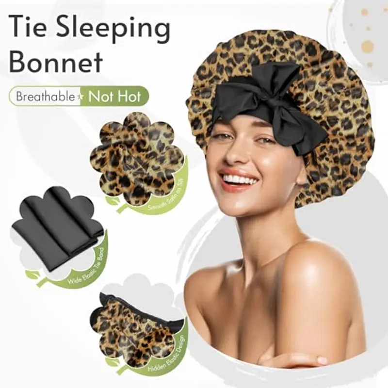 BONNET QUEEN Cuffia Seta Capelli Notte Cofano Satin per Donna Arricciata M Leopardato miniatura 3