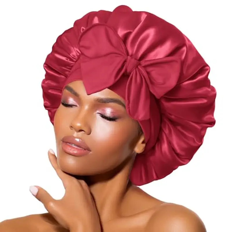 BONNET QUEEN Cuffia Seta Capelli Notte Regolabili Cuffia Capelli Ricci Bonnet con Lacci Lunghi Morbida e Protettiva Anti-crespo, Borgogna