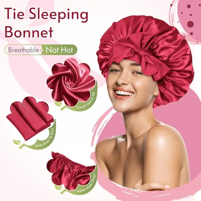 BONNET QUEEN Cuffia Seta Capelli Notte Regolabili Cuffia Capelli Ricci Bonnet con Lacci Lunghi Morbida e Protettiva Anti-crespo, Borgogna miniatura 3
