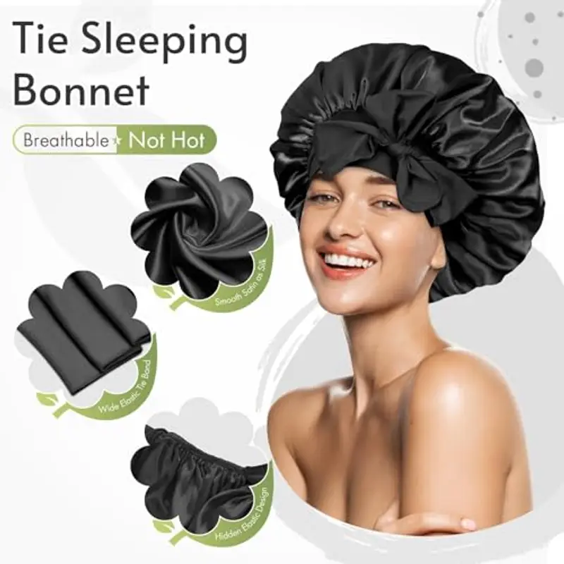 BONNET QUEEN Cuffia Seta Capelli Notte Regolabili Cuffia Capelli Ricci Bonnet con Lacci Lunghi Morbida e Protettiva Anti-Crespo, Nero miniatura 3