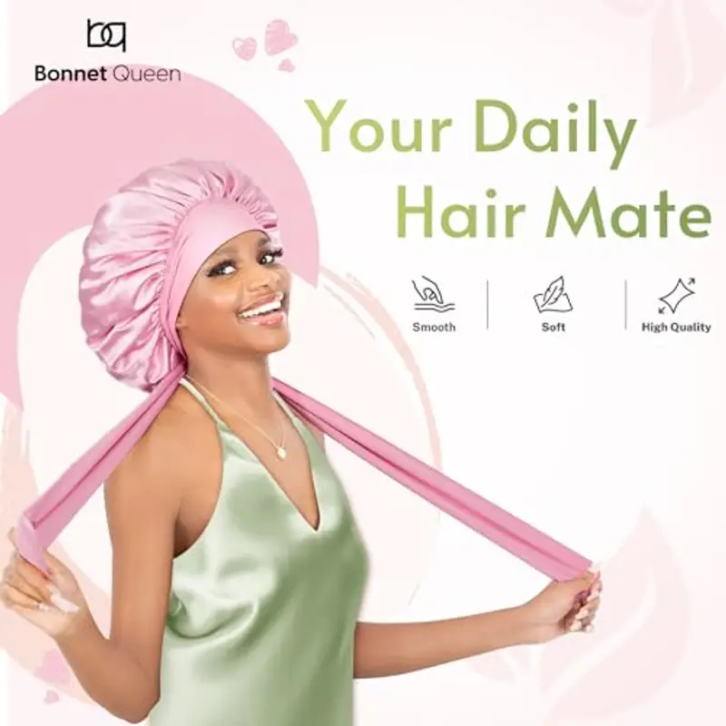 BONNET QUEEN Cuffia Seta Capelli Notte Regolabili Cuffia Capelli Ricci Bonnet con Lacci Lunghi Morbida e Protettiva Anti-Crespo, Rosa miniatura 2